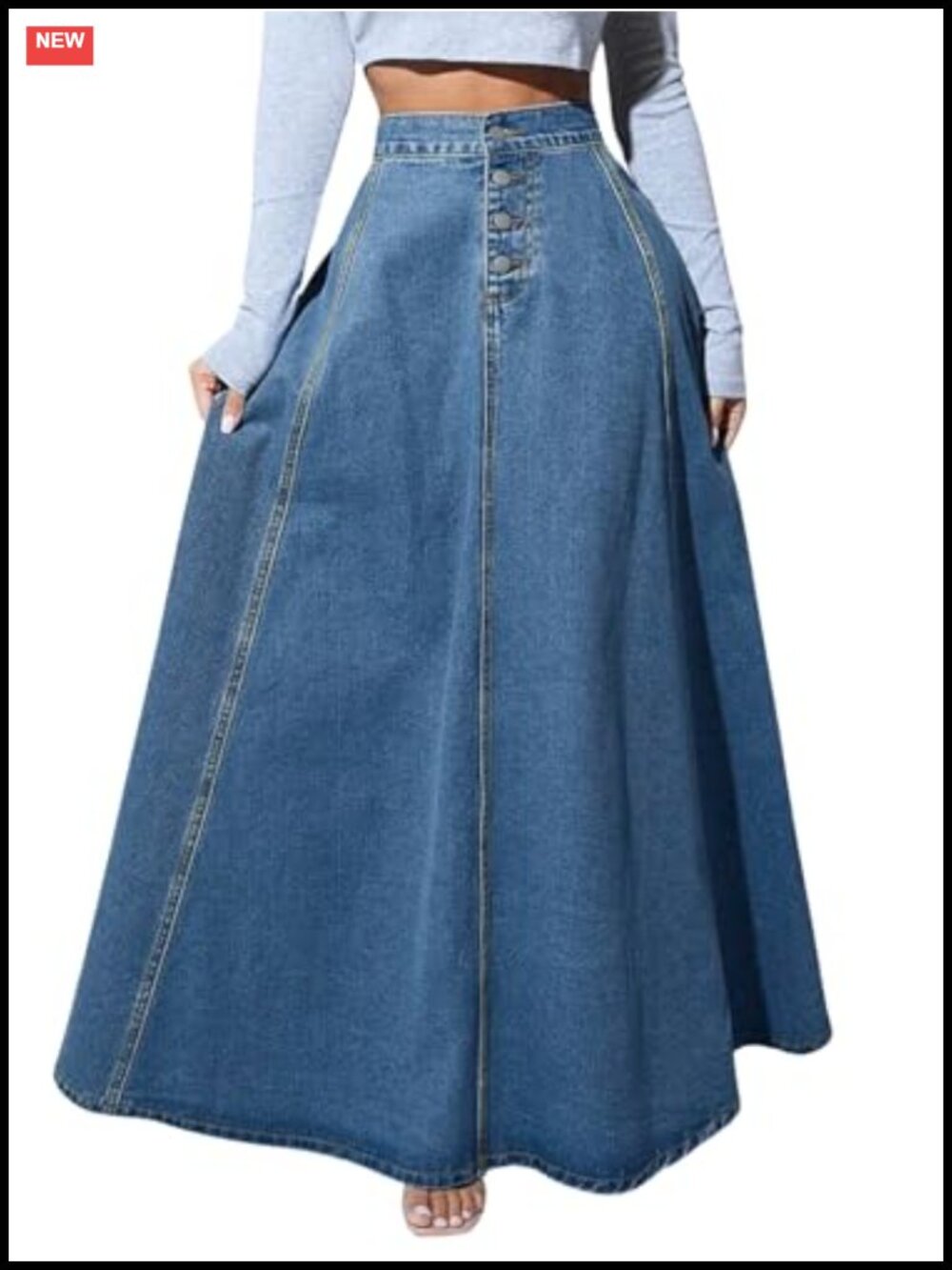High Waisted Button Fly Flared Long Jean Skirt Pleated A-Line Maxi